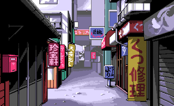 Pixel art of a Japanese street with signs