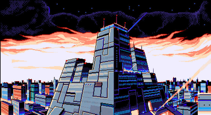 Pixelated futuristic cityscape at sunset with dramatic clouds