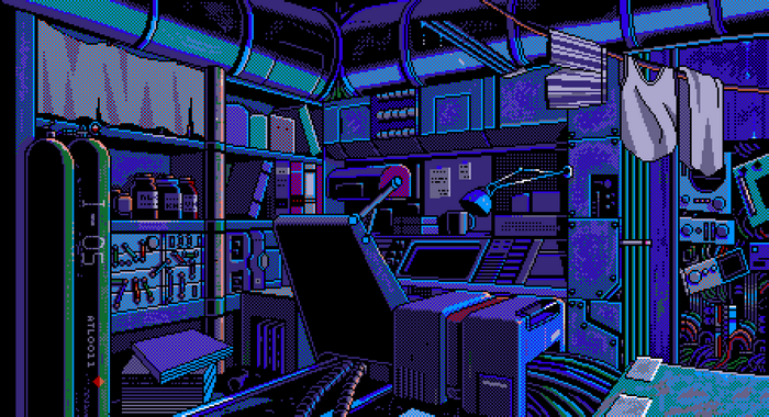 Pixel art cyberpunk laboratory interior with computer and shelves