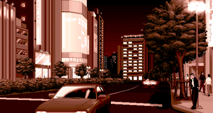 Pixel art city street at night with cars and people