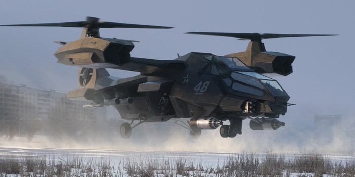 Futuristic military helicopter with number 48