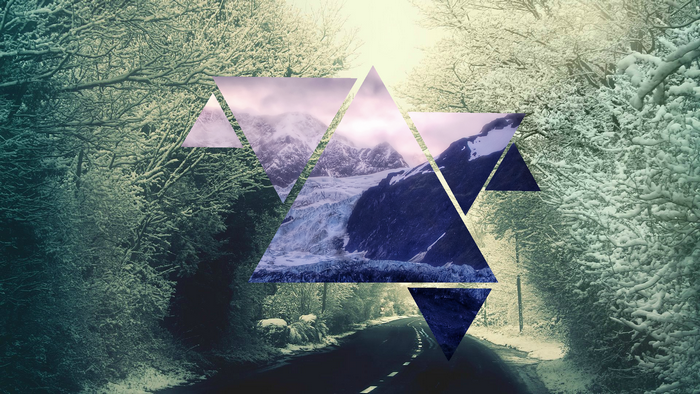 Snowy forest road with mountain glacier overlay
