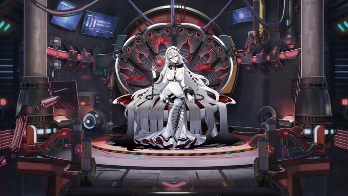Anime girl with white hair and red eyes in a lab