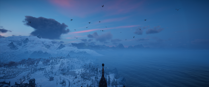 Assassins Creed Valhalla landscape with birds at dusk