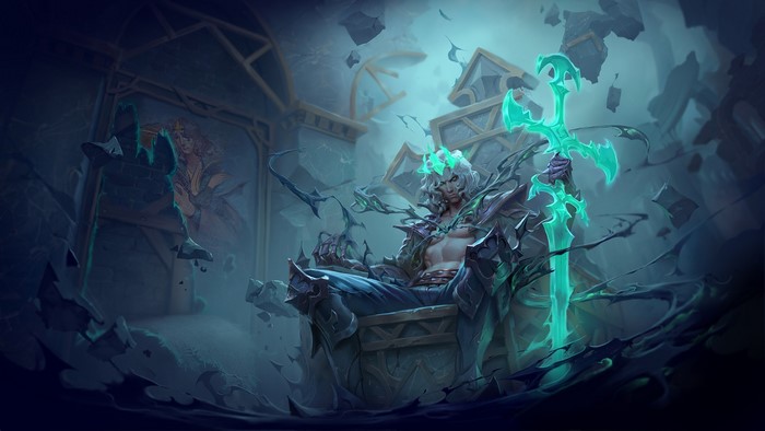 Viego from League of Legends sitting on a throne
