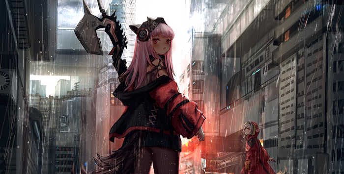 Projekt Red from Arknights in a rainy city