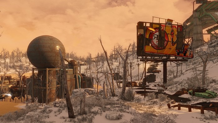 Fallout 4 screenshot of a post-apocalyptic winter landscape