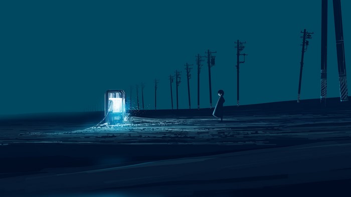 A lone figure stands by a glowing machine at night