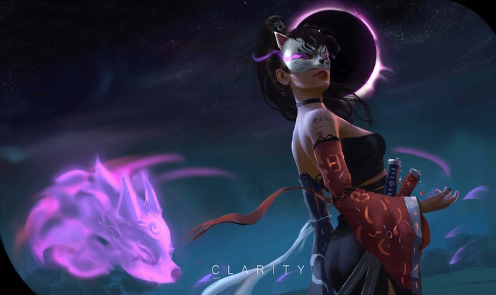 Fantasy girl with fox spirit and eclipse
