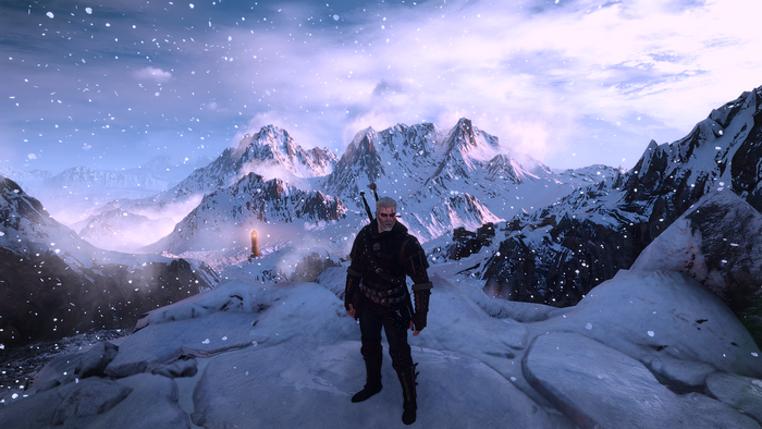 Geralt of Rivia in a snowy mountain landscape