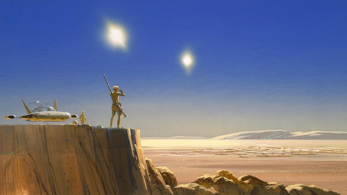 Luke Skywalker and C-3PO from Star Wars on Tatooine