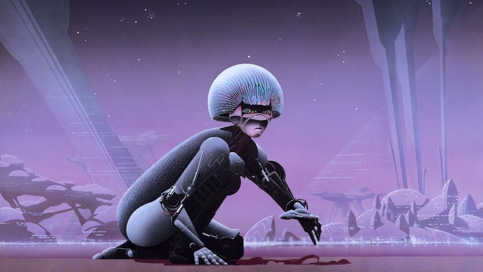 Robot in a futuristic purple landscape
