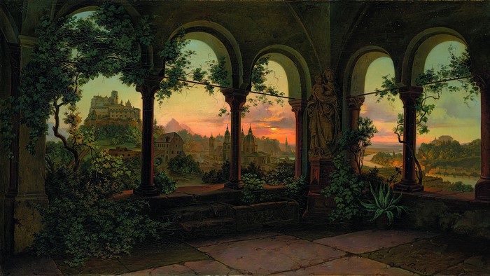 Painting of a Balcony Overlooking a Cityscape at Sunset