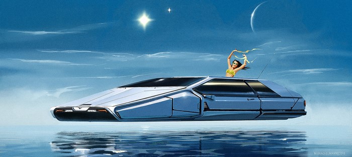 Woman in bikini in a futuristic flying car over water