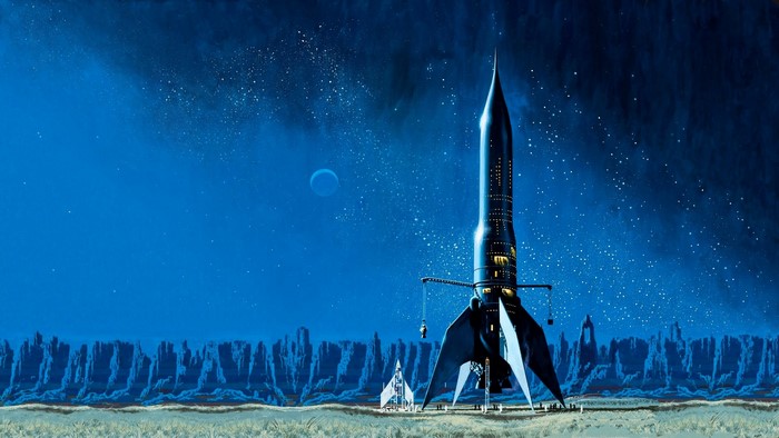 Science fiction painting of a rocket on an alien planet