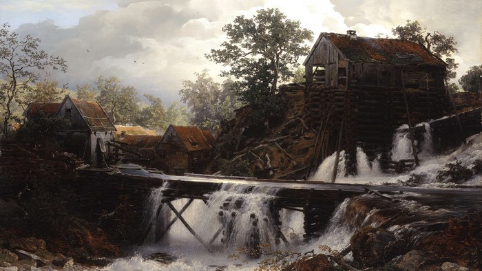 Painting of a watermill with cascading water and wooden buildings