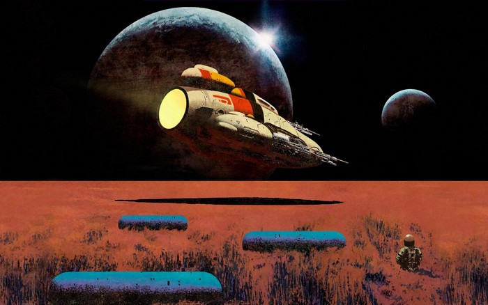 Spaceship near planets with astronaut on alien planet