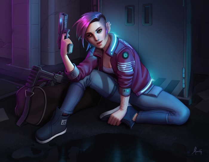 Judy Alvarez from Cyberpunk 2077 holding a handgun