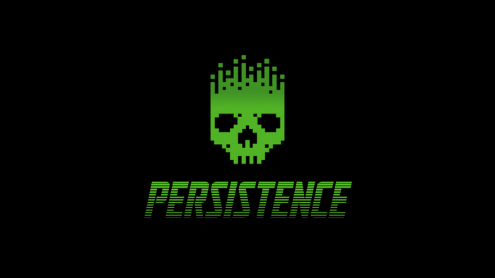 Pixelated green skull and "PERSISTENCE" text