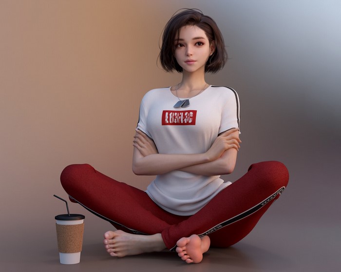 Women Looking Into The Distance Sitting Cgi Barefoot Legs Crossed Asian Digital Art Arms 4247