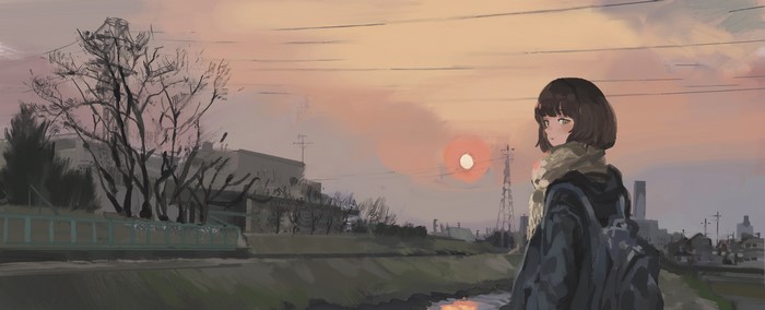 Anime girl watching sunset by river