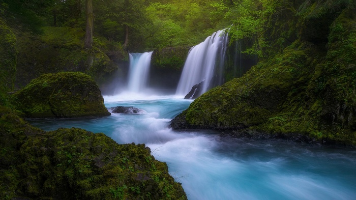 Two waterfalls cascade into a turquoise river in a mossy forest.