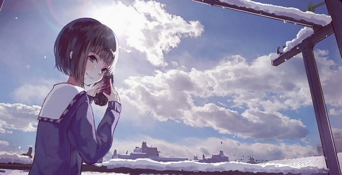 Anime girl with dark hair holding a cola bottle