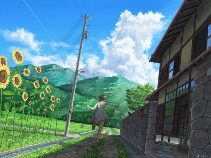 Anime girl running through a sunflower field near a house