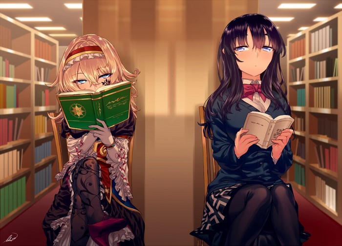 Two anime girls reading books in a library