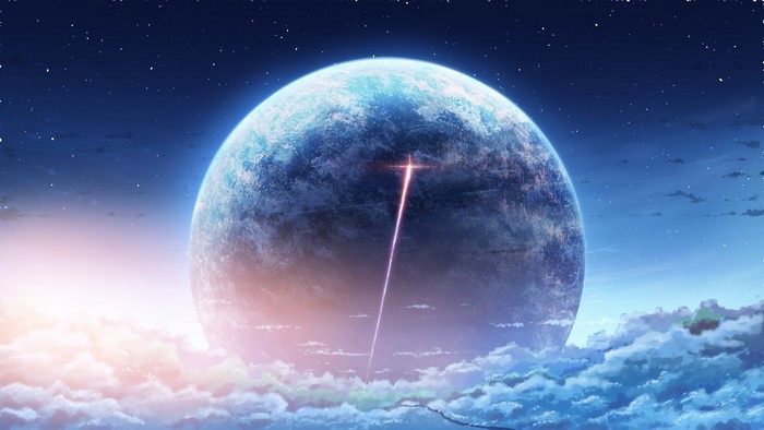 Planet in starry sky with clouds and light beam