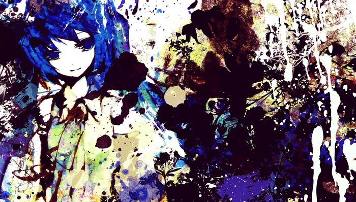 Anime girl with blue hair and abstract background