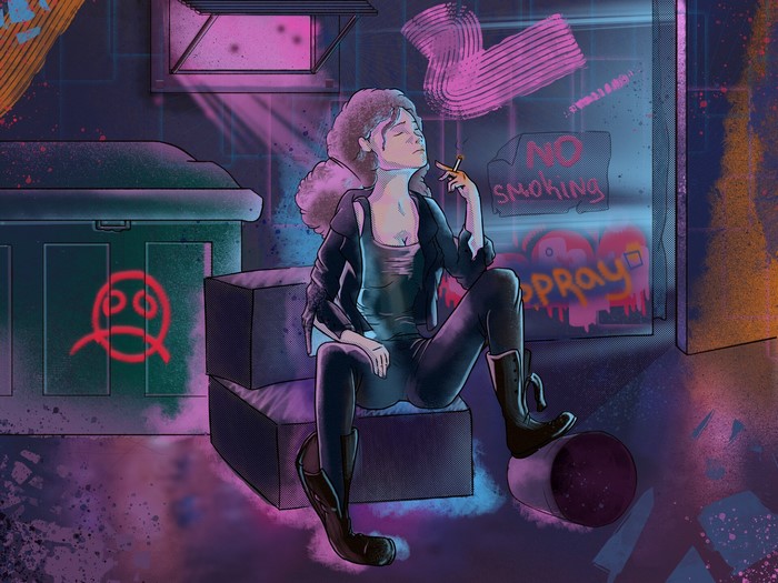 Woman smoking in a cyberpunk alleyway