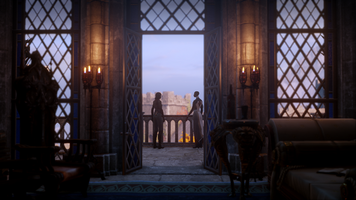 Two figures on a balcony overlooking a castle in Dragon Age: Inquisition