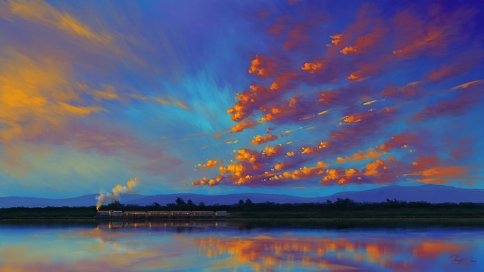 Train traveling by water at sunset with colorful clouds