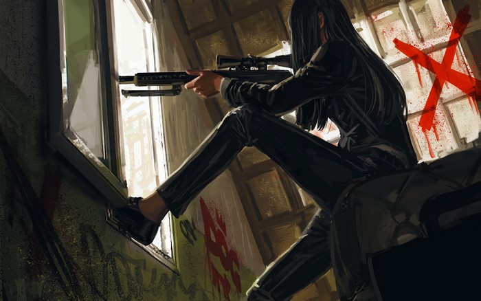 Woman with sniper rifle aiming from a window