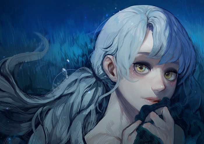 Woman with blue hair and yellow eyes