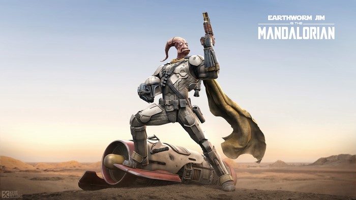 Earthworm Jim as The Mandalorian Crossover Artwork