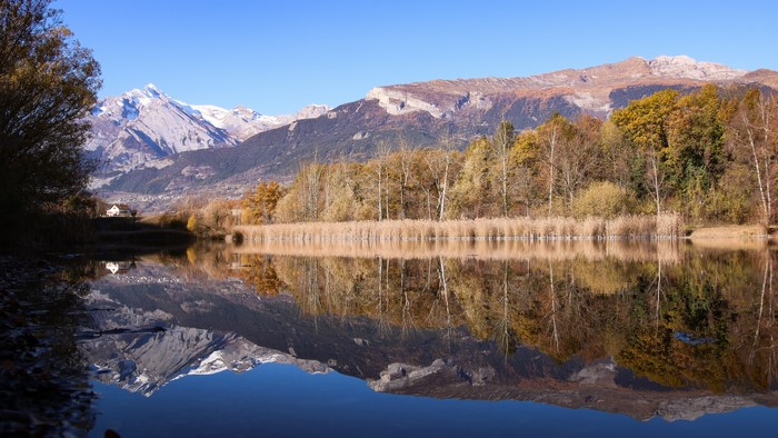 Lake reflection of mountains and trees in Switzerland