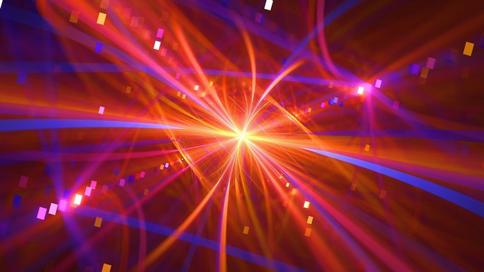 Abstract fractal with glowing orange and blue light streaks