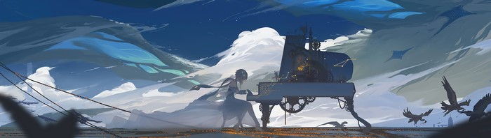 Lumine from Genshin Impact playing a piano with birds flying
