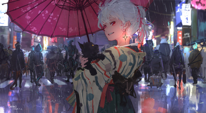 Anime girl with black cat under umbrella in rainy city