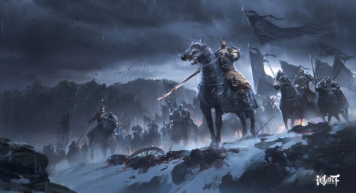 Warriors on horseback in a snowy, stormy landscape