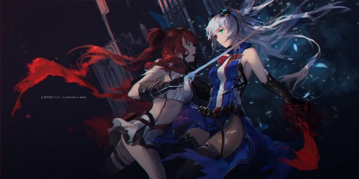 Two women fighting with swords, Nights of Azure