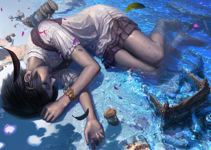 A person lying on the shore near the water