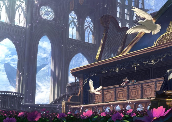 Anime fantasy art with birds and flowers