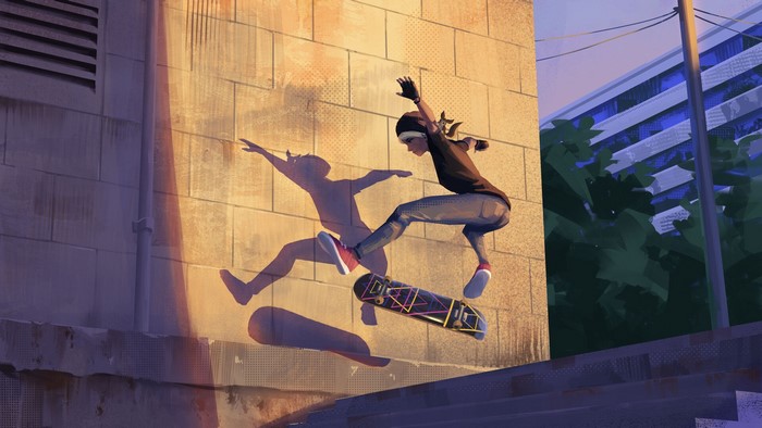 Skateboarder performing a trick with a shadow on a wall
