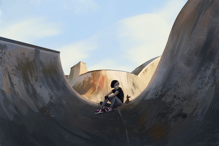 Girl and fox sitting in a skatepark