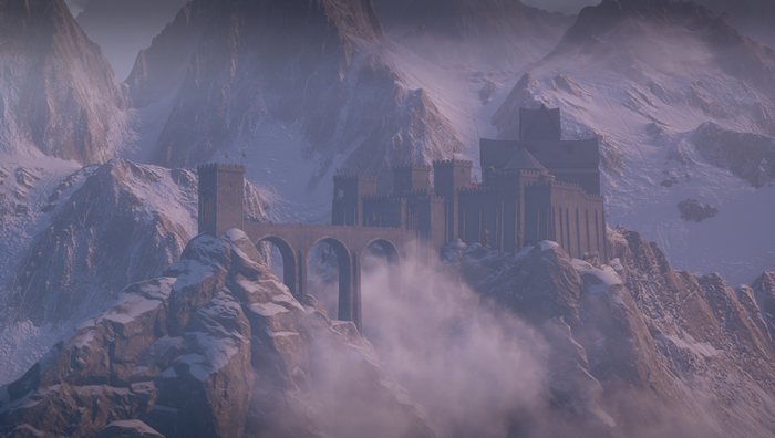 Skyhold castle in Dragon Age: Inquisition on snowy mountains