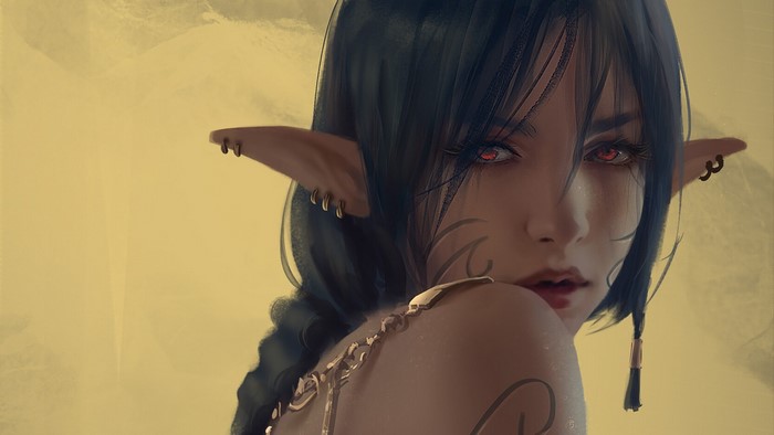 Artwork of an elf woman with red eyes by Trungbui