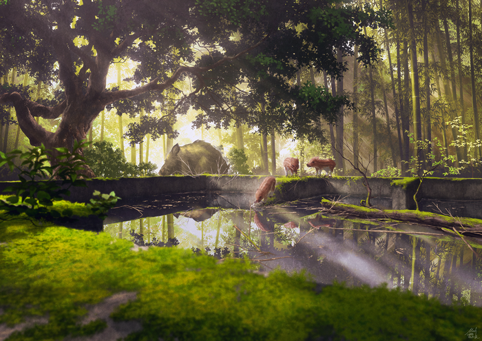 Boars in a forest clearing with a pond